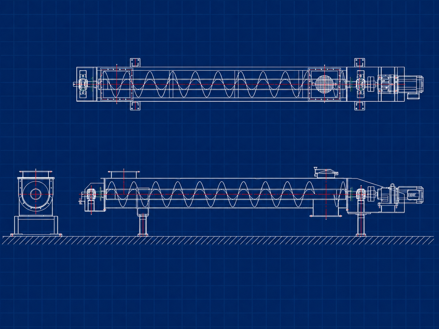 Stellex screw conveyor cutaway diagram showing screw geometry and SS 304/316 construction